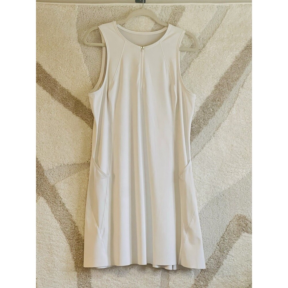 Athleta Match Point Tennis Dress XL White Mesh Back Pockets Zip Athleisure Golf